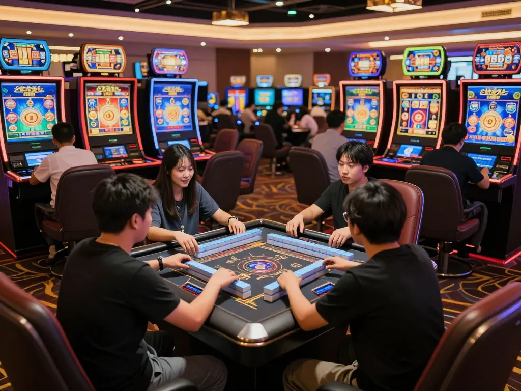 Players experiencing the thrill of slot mahjong at an online casino gaming station, showcasing dynamic gameplay.