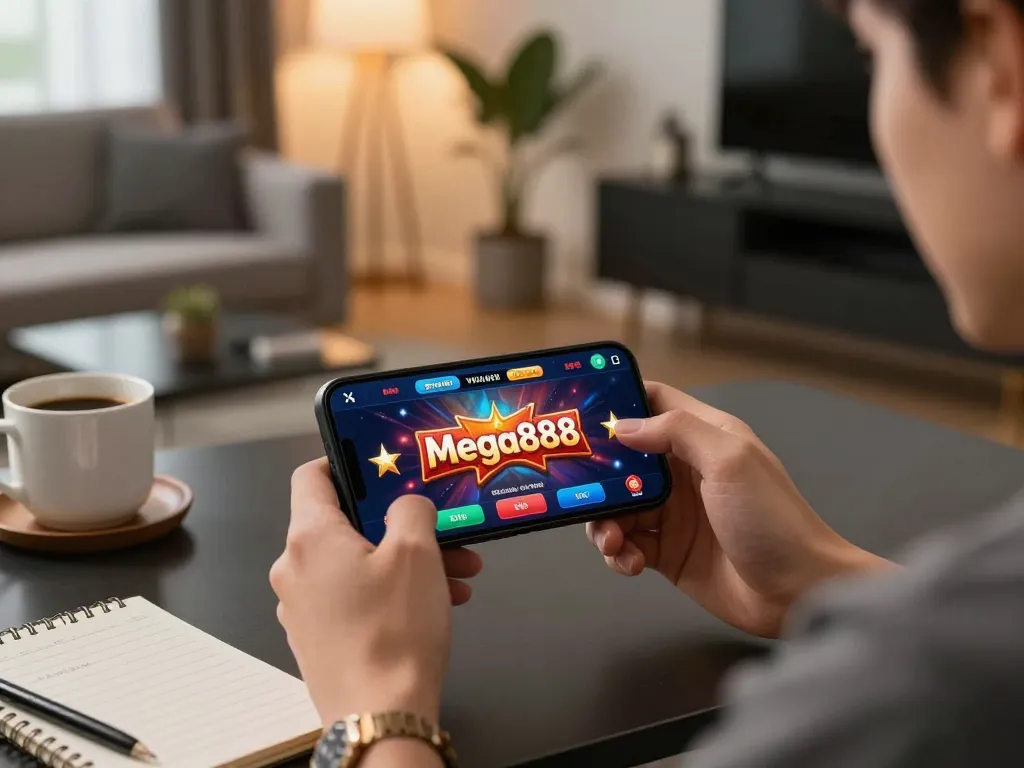 Mega888 apk original download on a smartphone in an engaging home gaming setup