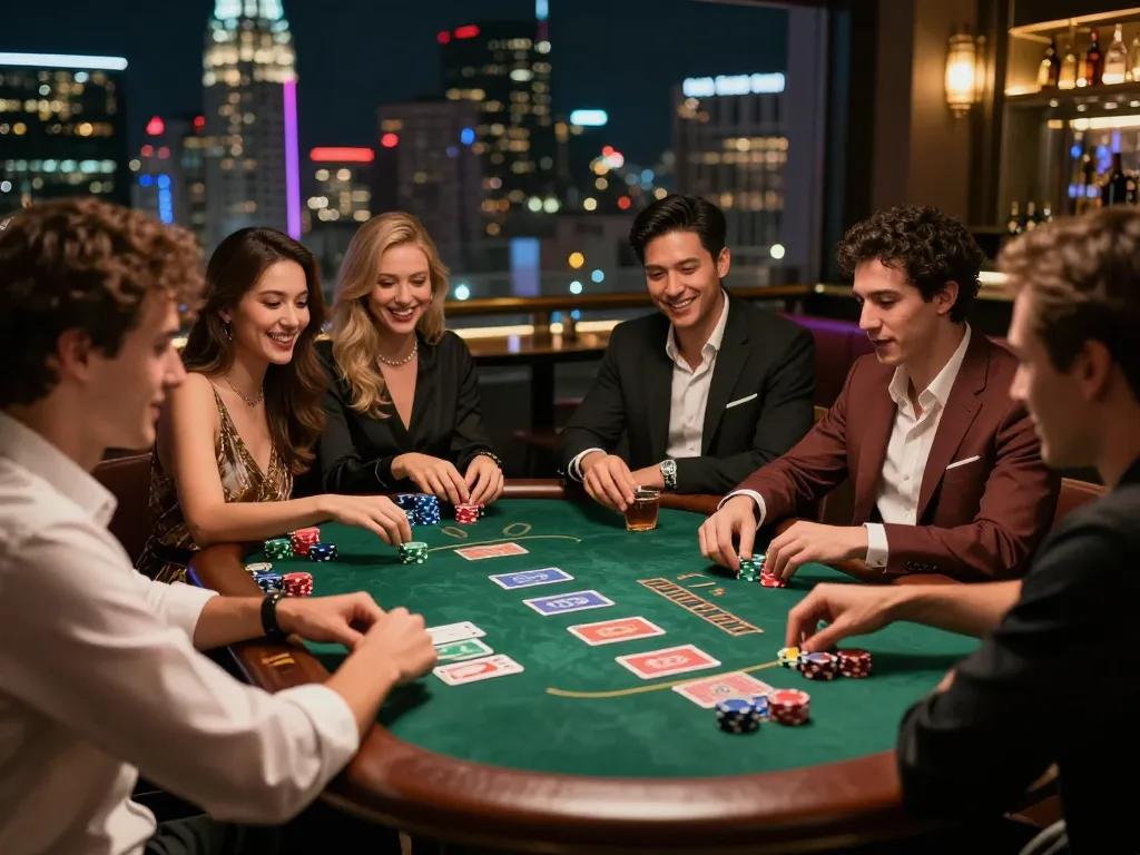 Pemain yang merencanakan strategi selama permainan poker yang meriah di bar mewah, menyoroti kegembiraan bandar togel.