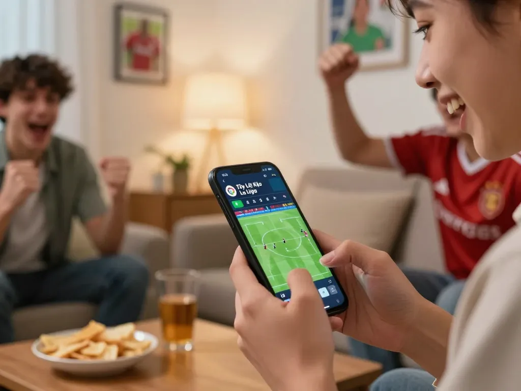 Tỷ Lệ Kèo La Liga bet placement on smartphone in a lively home atmosphere.