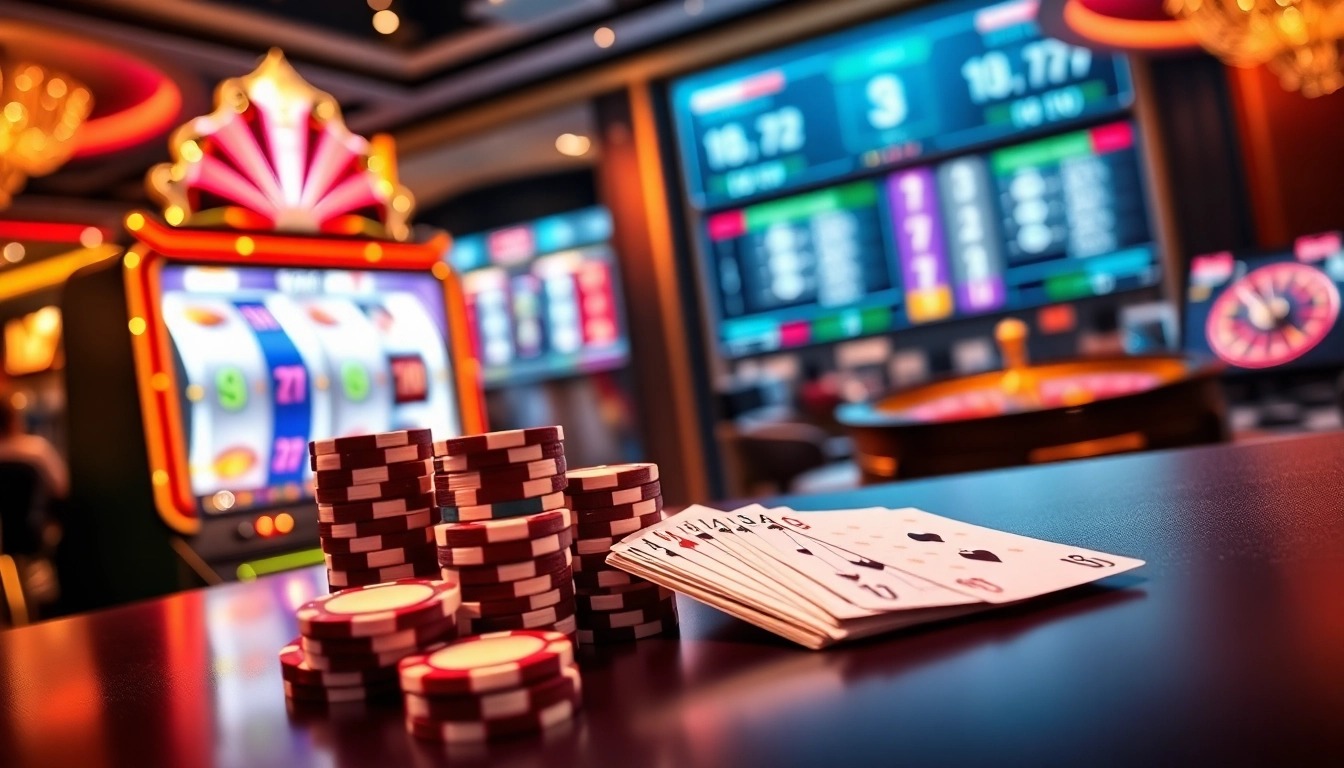 Rasakan kegembiraan aman788 dengan mesin slot yang berwarna-warni dan chip poker dalam suasana kasino yang elegan.