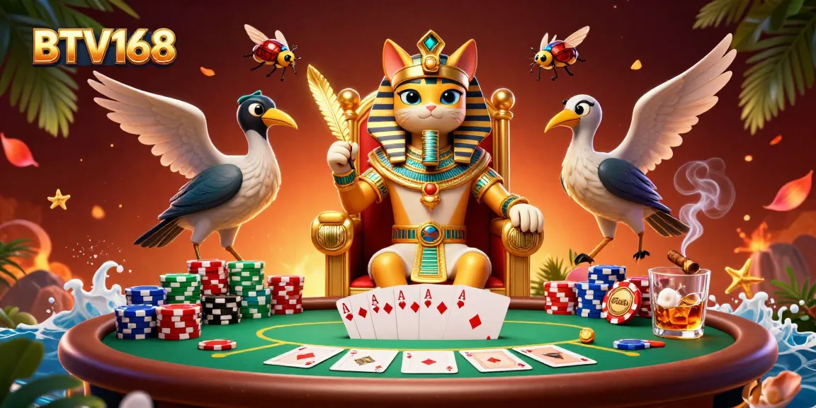 Engage with BTV168 through an energetic scene featuring an Egyptian pharaoh cat on a throne and poker elements.