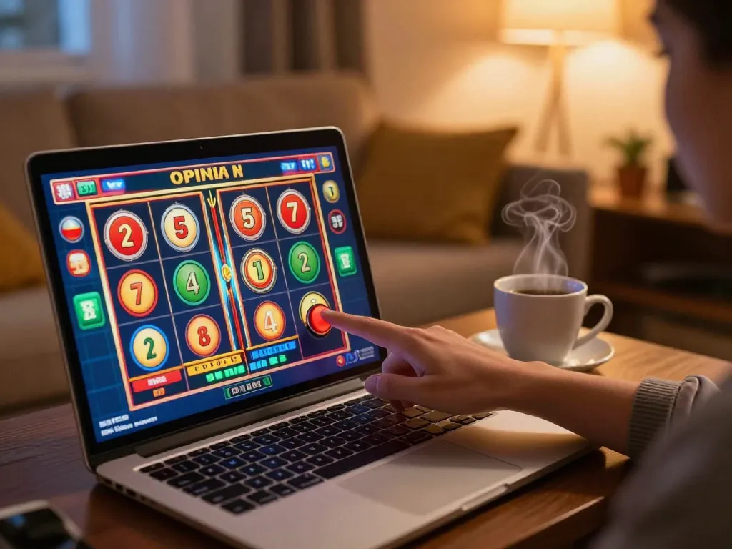 Engaging in a slot online game session on a laptop with vibrant graphics and cozy atmosphere.