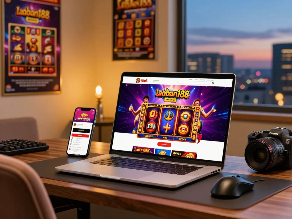 Pengguna laoban188 yang terlibat menikmati permainan slot online di laptop dengan grafik kasino yang hidup