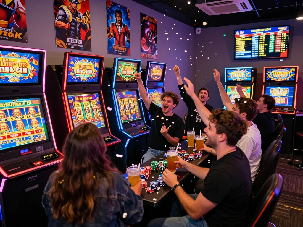 Pemain merayakan kemenangan jackpot di lounge permainan slot gampang menang, mesin berwarna-warni dan suasana yang meriah.