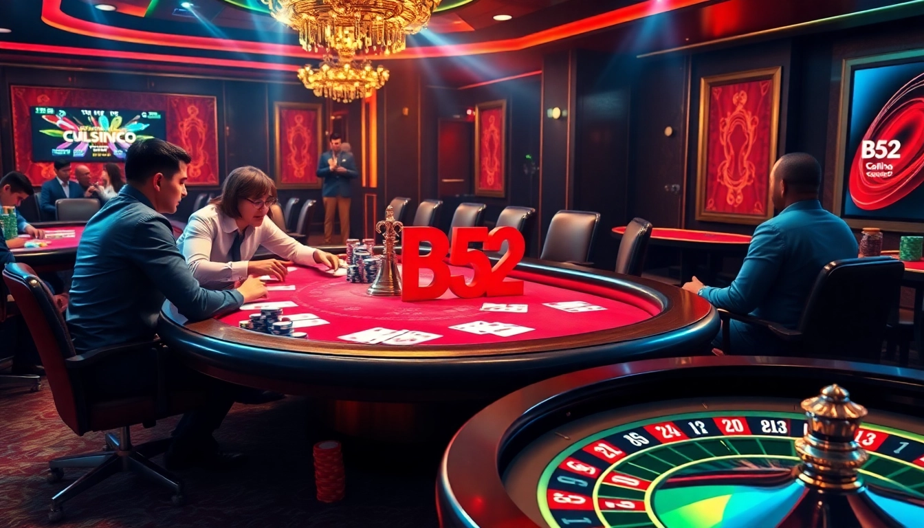 Players enjoying a game of poker at B52 casino, with vibrant chips and cards in action.