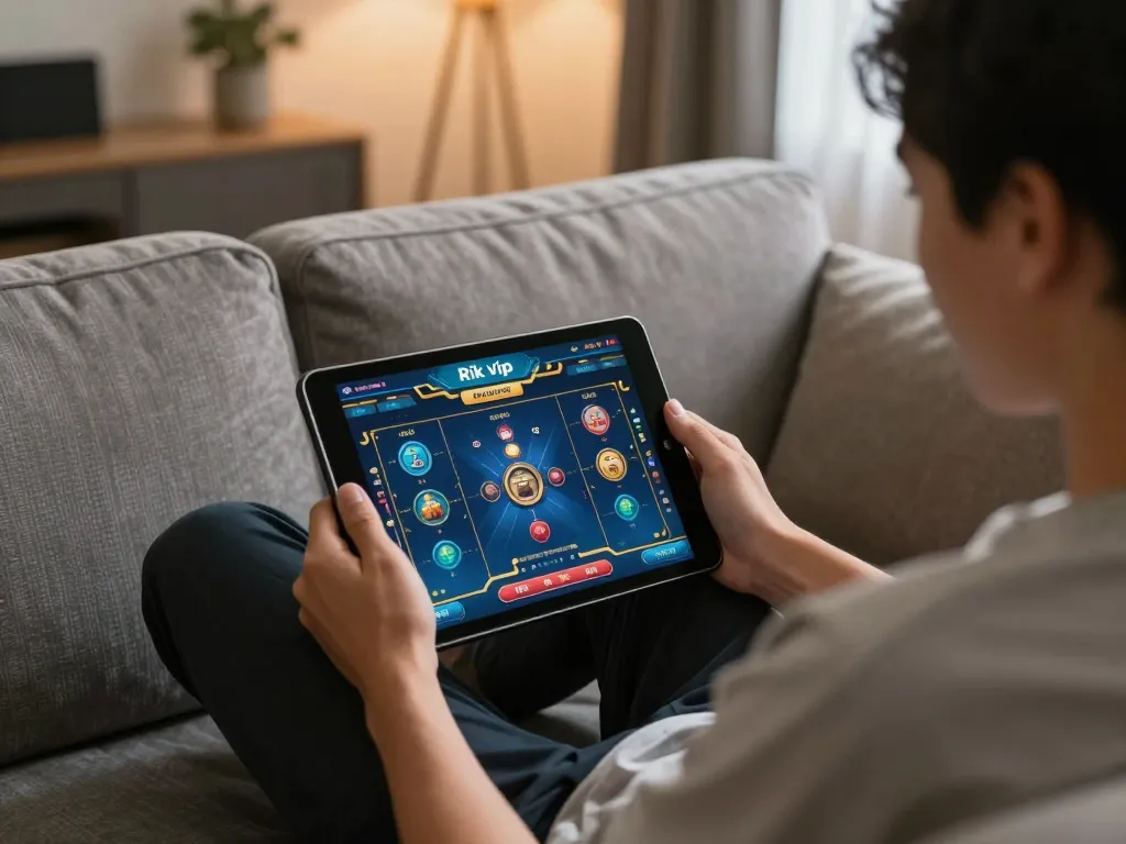 Engaging in online gaming on rik vip with tablet in a cozy home setting, showcasing a personalized entertainment experience