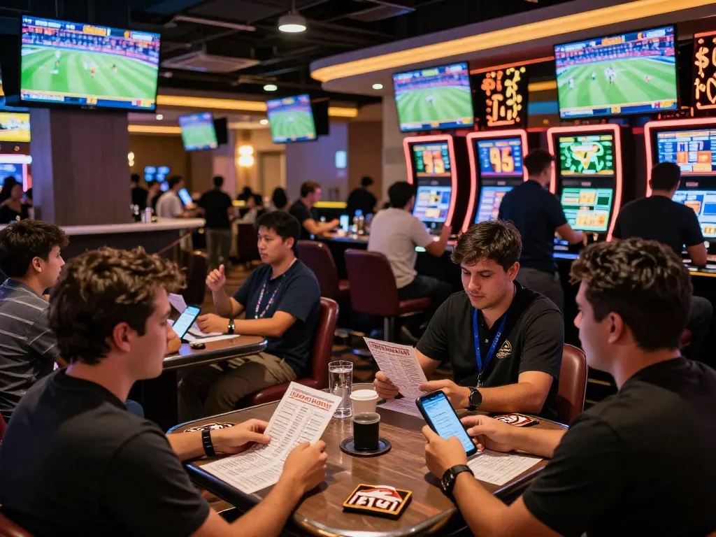 Sin88 sports betting atmosphere with enthusiastic bettors analyzing games and odds.
