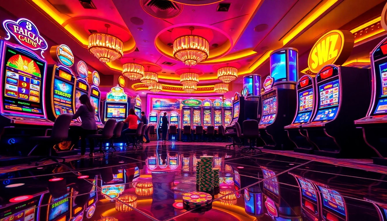 Players enjoying thrilling slot gacor games in a vibrant casino atmosphere, surrounded by colorful machines and poker chips.