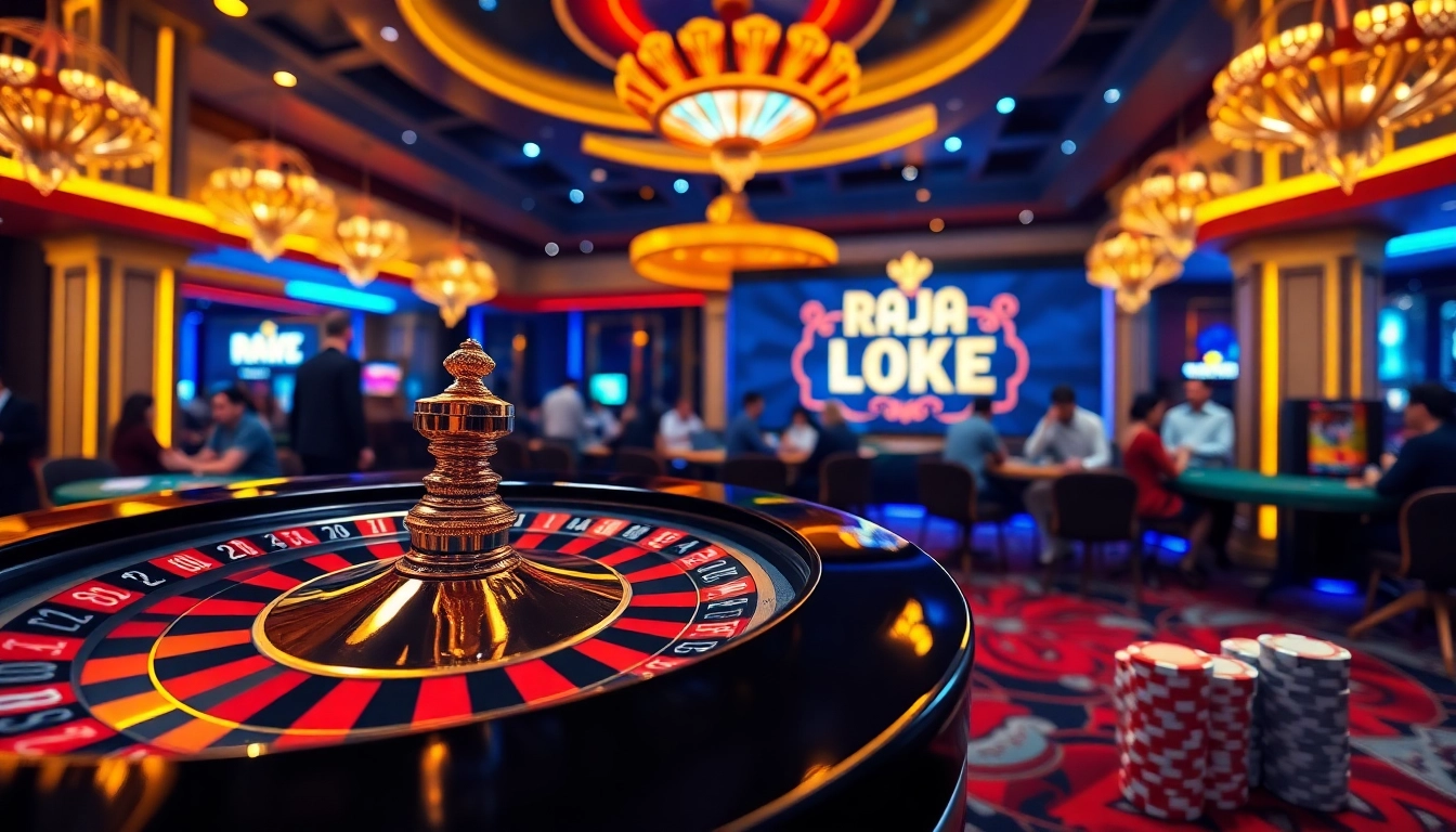Raja Luck gaming platform showcasing a luxurious casino environment with poker chips and a spinning roulette wheel.