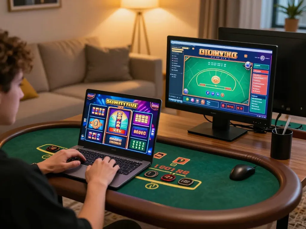 Engaging online casino gaming experience showcasing tr88 slot machines on laptop screen with cozy atmosphere.