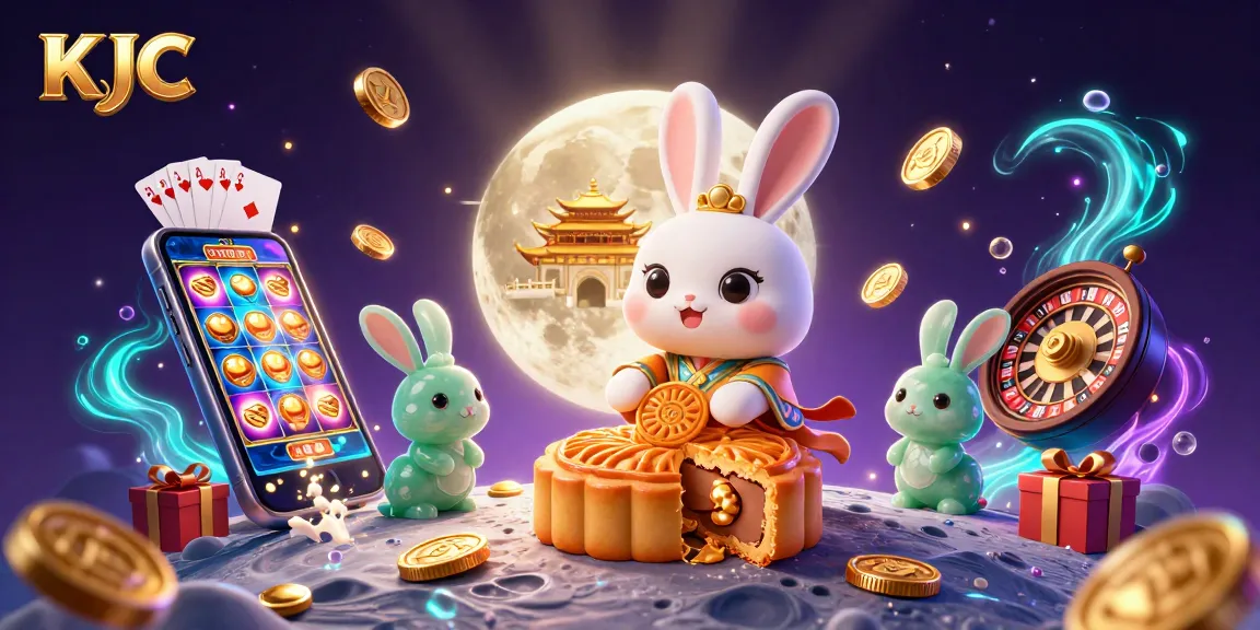 KJC shows a lively casino scene with gaming elements including poker chips and golden mooncakes, promoting fun.