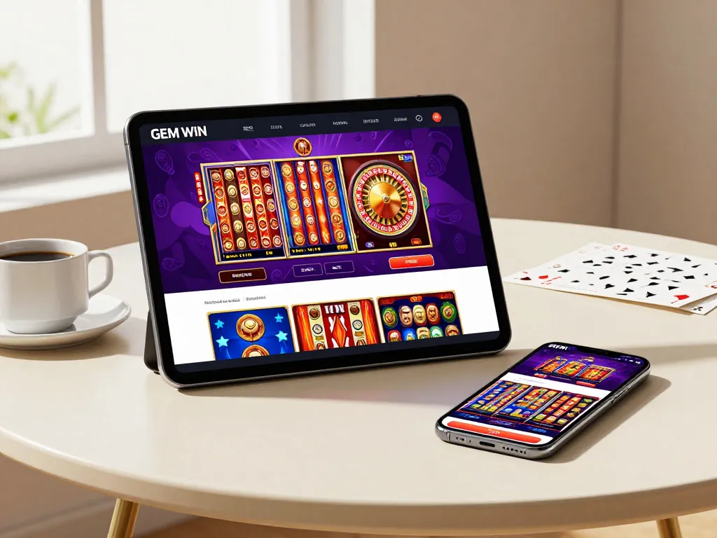 Engaging gameplay on GEM WIN casino app visible on tablet, showcasing immersive slot machines and roulette.