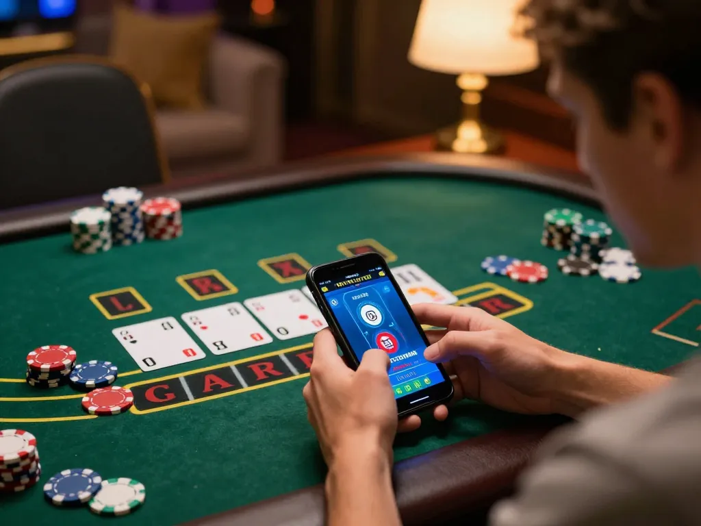 Engaged player placing bets at a live casino baccarat game on smartphone.
