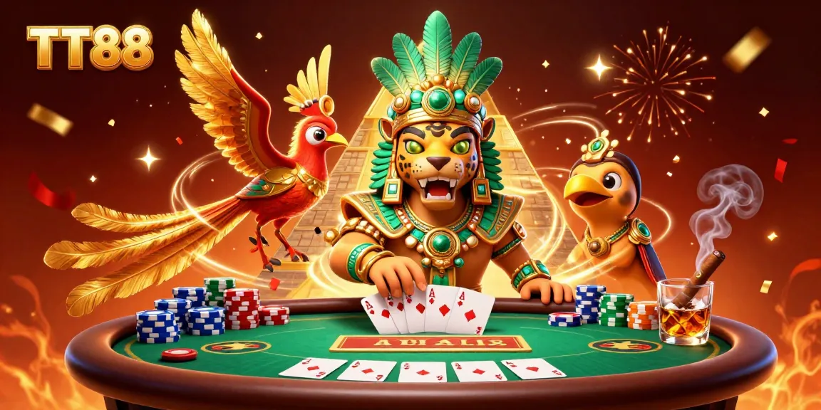 Engage in thrilling poker action with TT88, featuring a Mayan priest and colorful gaming elements.
