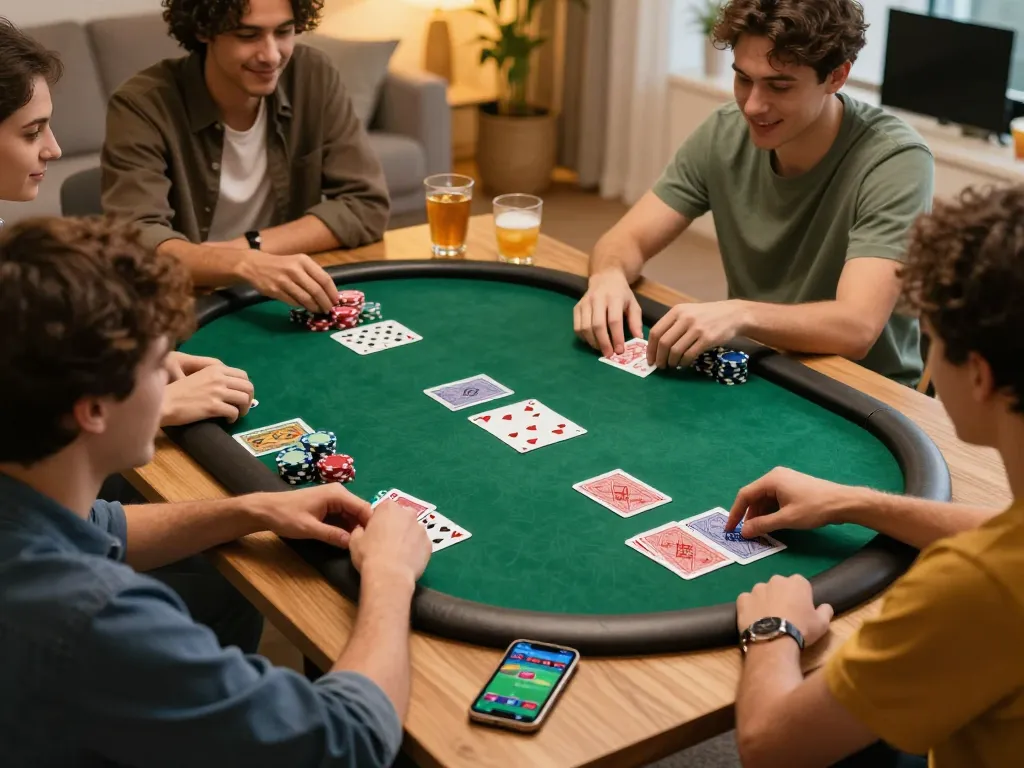 Engaging poker game with friends at home, showcasing strategic play and camaraderie while enjoying a night of gaming with 388bet.