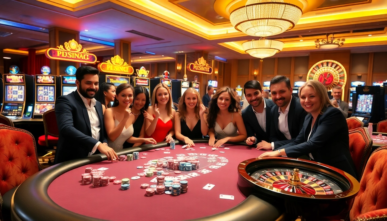 79king players celebrate their winning hand at a vibrant poker table in a luxurious casino.