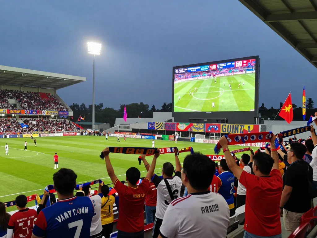 Now goal live scores displayed during an exciting football match in a stadium with enthusiastic fans.