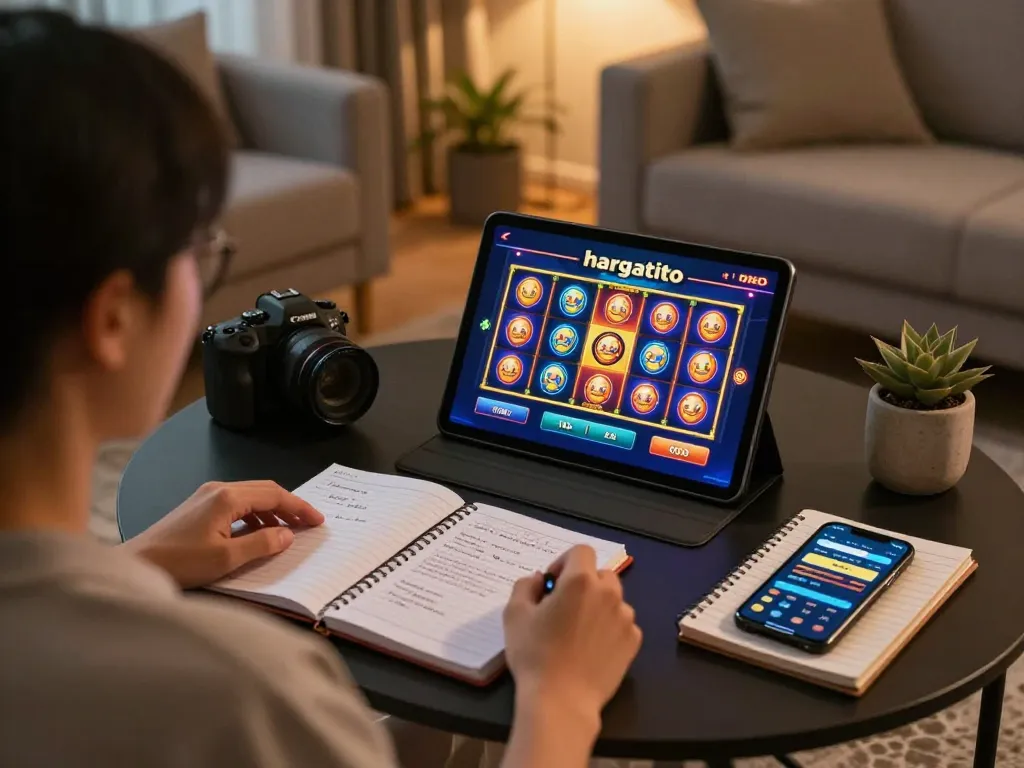 Pemain terlibat menikmati hargatoto slot di tablet dalam suasana rumah yang nyaman, menyoroti perjudian strategis.