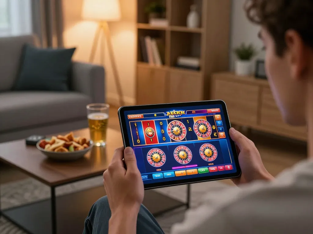 Berinteraksi dengan permainan kasino seluler melalui https://90degreeswestband.com di lingkungan rumah yang nyaman dengan camilan dan tablet.