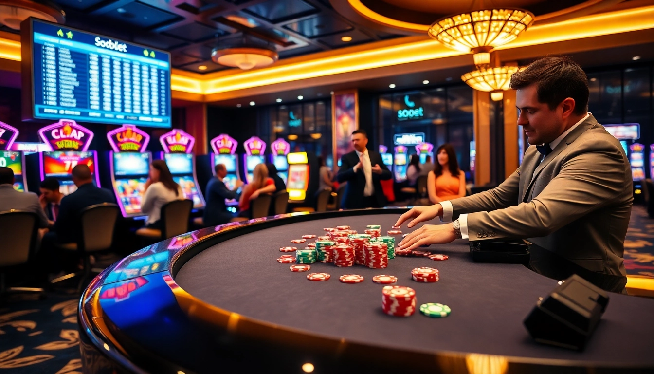 Players celebrating wins at a casino, highlighting sbobet link in a vibrant gambling scene.