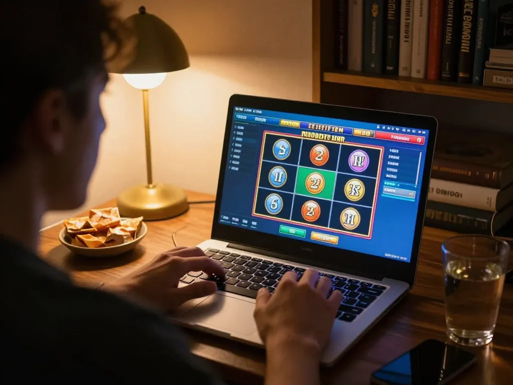 Engaging online slot gaming experience at home, player spinning for chances to win big