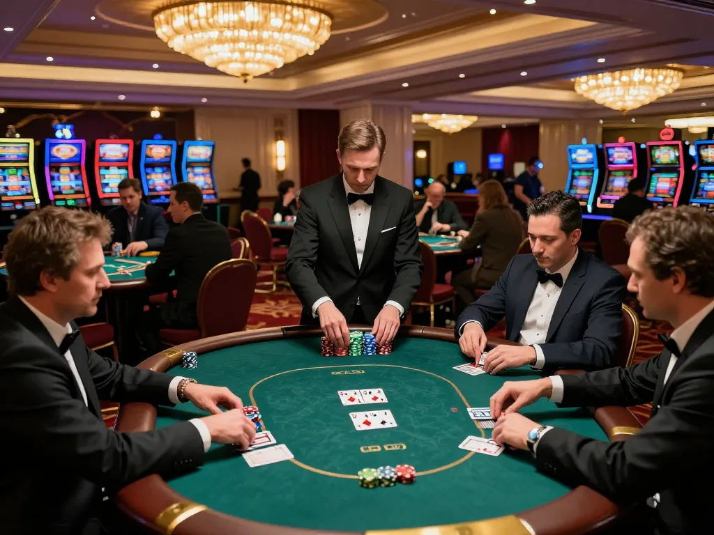 MM88 TODAY live poker game with engaged players amidst an upscale casino atmosphere