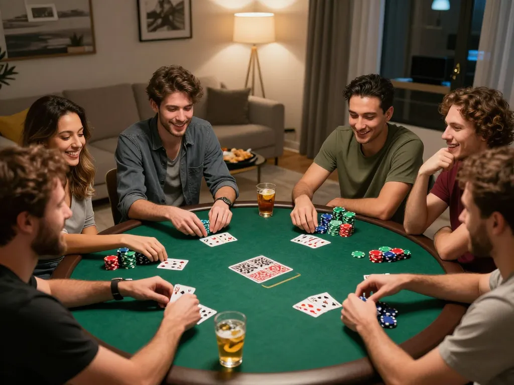 Engaged friends enjoying a poker night at home, showcasing Canada online casinos fun and social atmosphere.