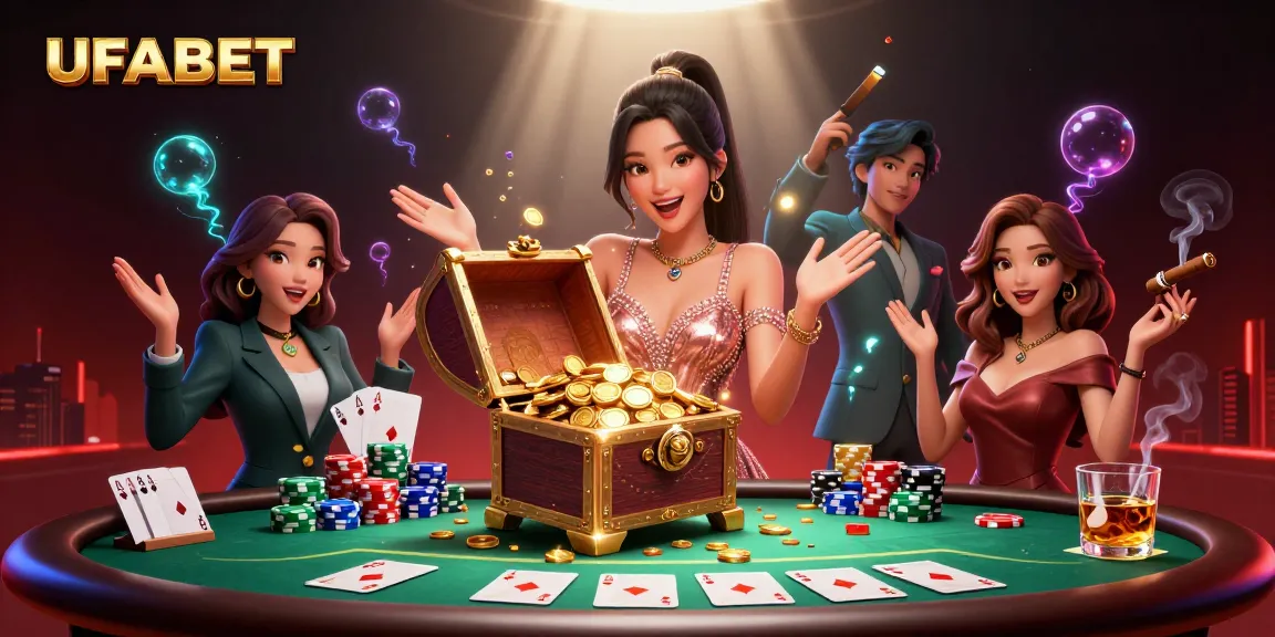 Experience thrilling gaming at UFABET with a mesmerizing 3D casino illustration featuring treasure and poker.