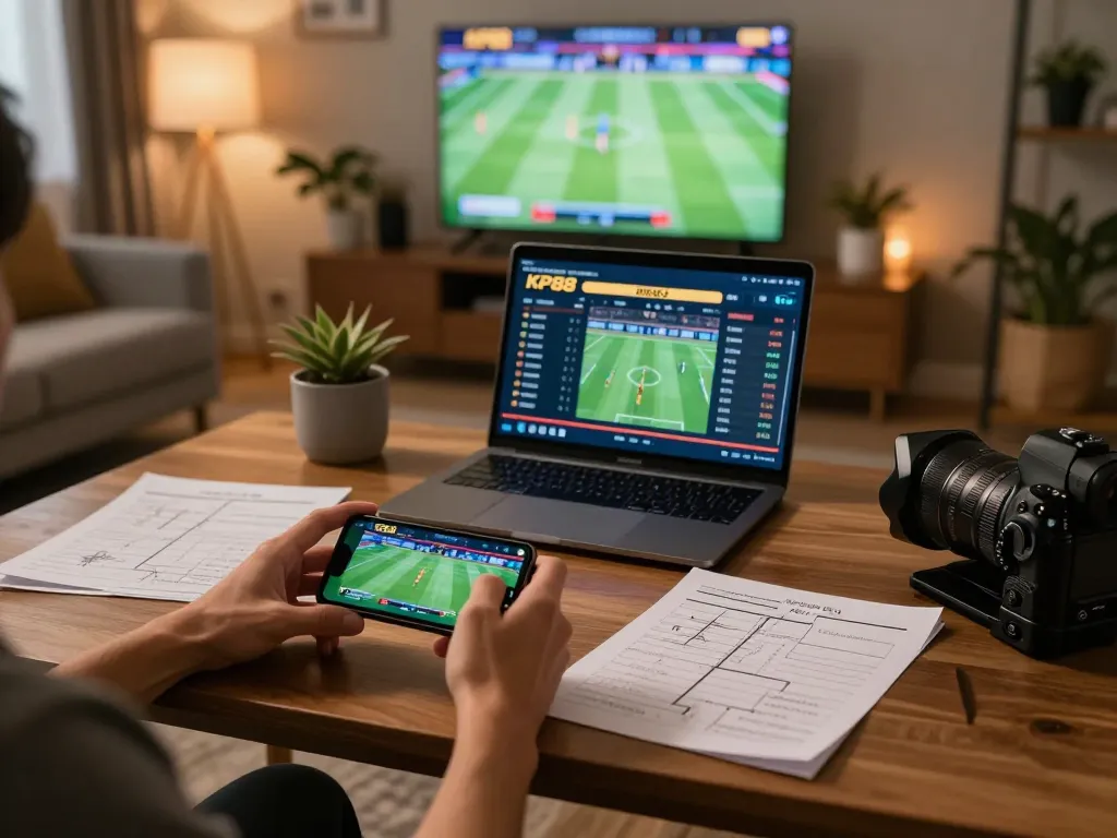 Engaged player using KP88VIP to place bets on sports while analyzing strategies at home
