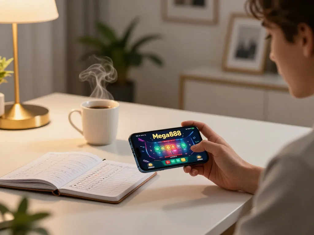 Engage with download mega888 on your smartphone in a cozy home office environment filled with strategy notes.