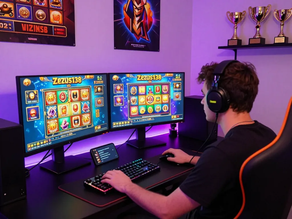 Exciting gaming moment at Zeus138, showcasing vibrant slot game interface with player engaged at a modern setup.