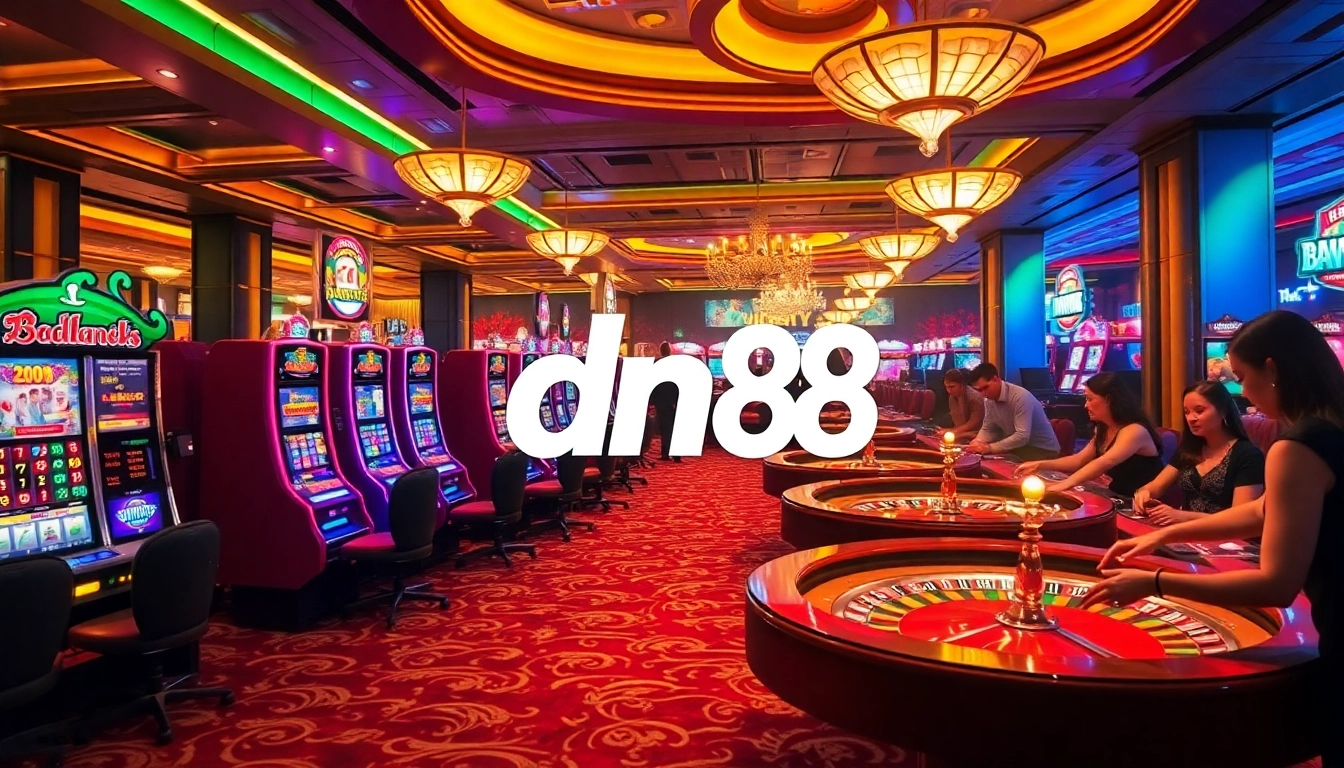 Gamblers enjoying a vibrant casino atmosphere at dn 88 with slot machines, poker tables, and roulette wheels.