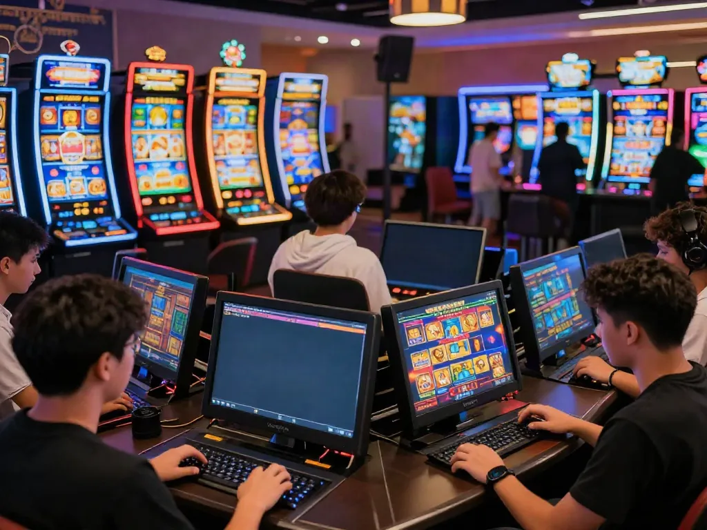 Dynamic online gaming scene featuring players enjoying slot games on devices with vibrant visuals, akunjp at the forefront.