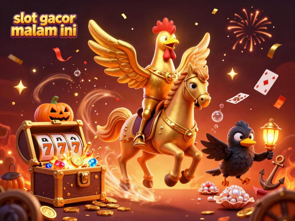 Menggambarkan slot gacor malam ini, dengan ayam jantan emas dan teman burung gagak, di kasino malam yang meriah.