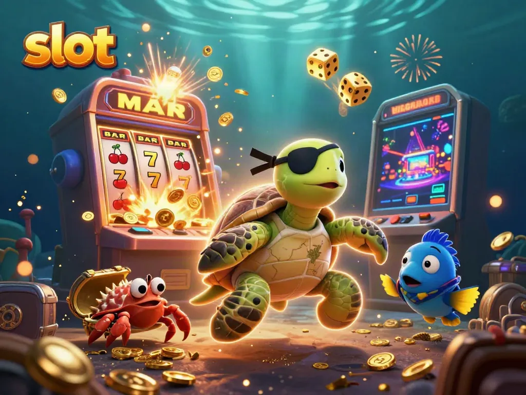 Engage with vibrant slot gaming fun featuring a cartoon pirate turtle, hermit crab, and parrotfish.