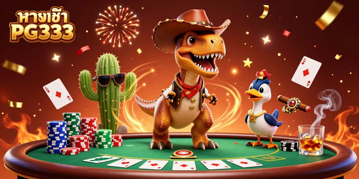 Experience the thrill of gaming with ทางเข้า PG333 in this vibrant 3D casino scene featuring dynamic characters.
