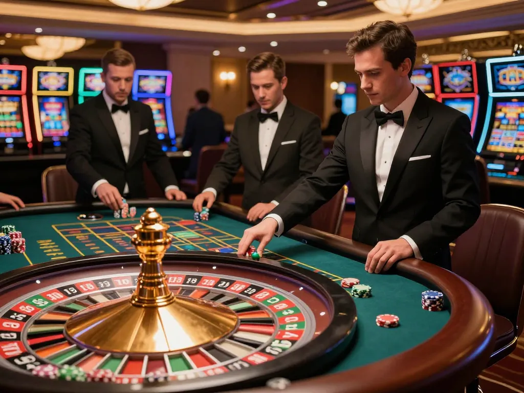 Engaged gamblers testing their luck at the VK88 roulette table in a sophisticated casino.