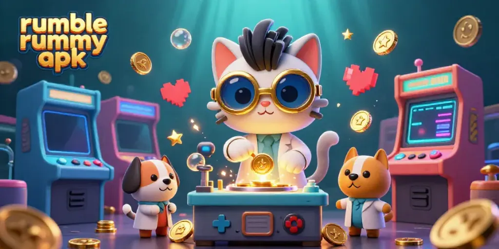 Experience action-packed fun with Rumble Rummy APK featuring vibrant characters and casino elements.