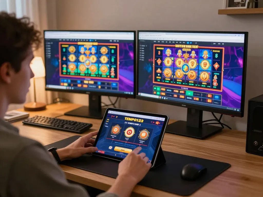 Pertandingan yang menarik di Tempo123 Link menampilkan mesin slot online yang cerah dalam pengaturan permainan modern