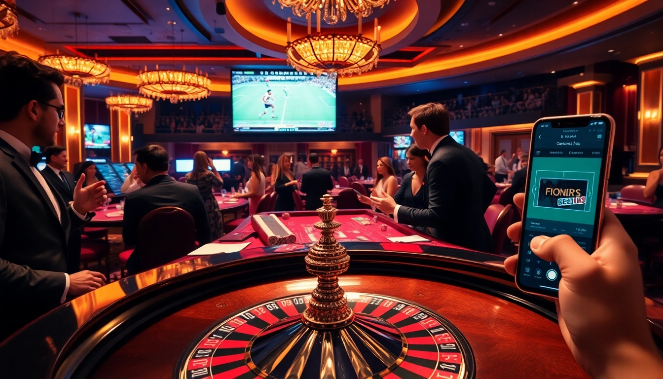 Exciting betting action at a Situs Judi Bola Resmi casino, capturing players and sports events.