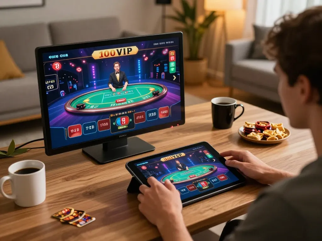 Engaging in 100VIP online casino gaming with a tablet in a cozy home setting