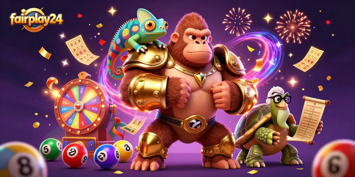 Engage with fairplay24 using a vibrant scene of a gorilla king, chameleon, and tortoise in a dynamic casino atmosphere.