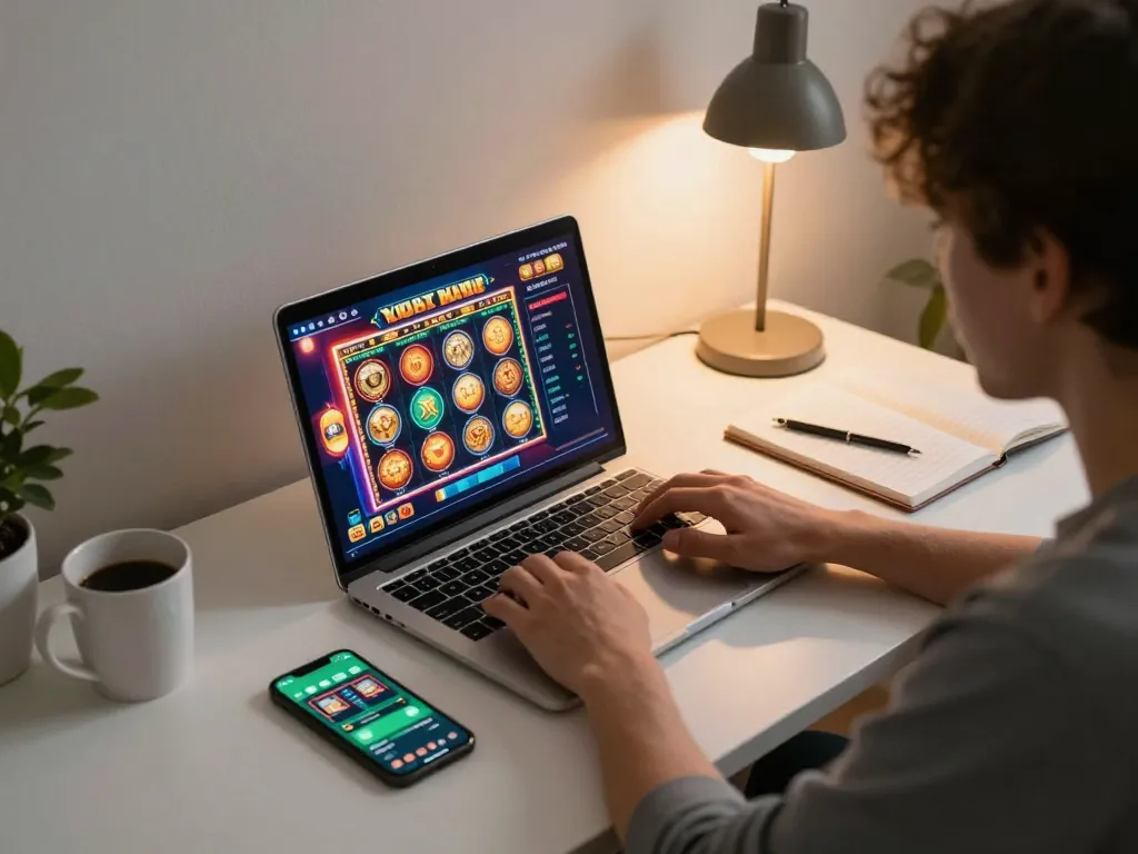 Active online gambling session at KU3933 with engaging slot game on laptop, warm and inviting atmosphere