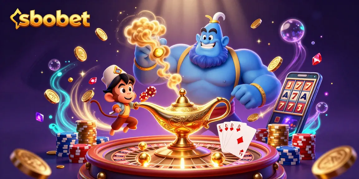 Sbobet blazes into action with a genie, poker chips, and golden treasures illustrating online sports betting excitement.