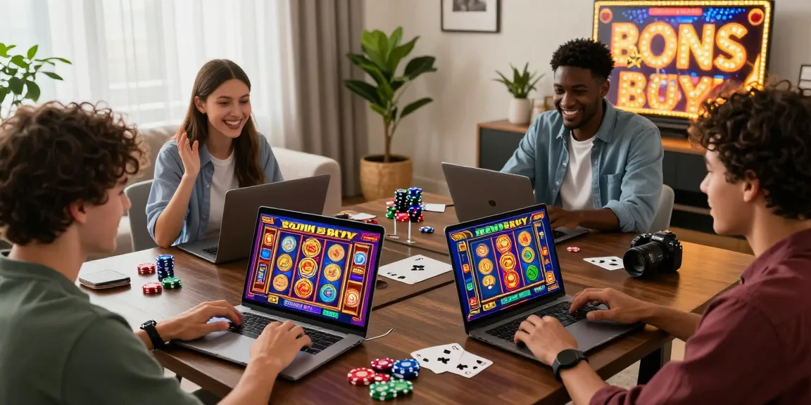 Engaged players exploring Bonus Buy slots on devices at chagency.co.uk, showcasing excitement in a modern casino setting.