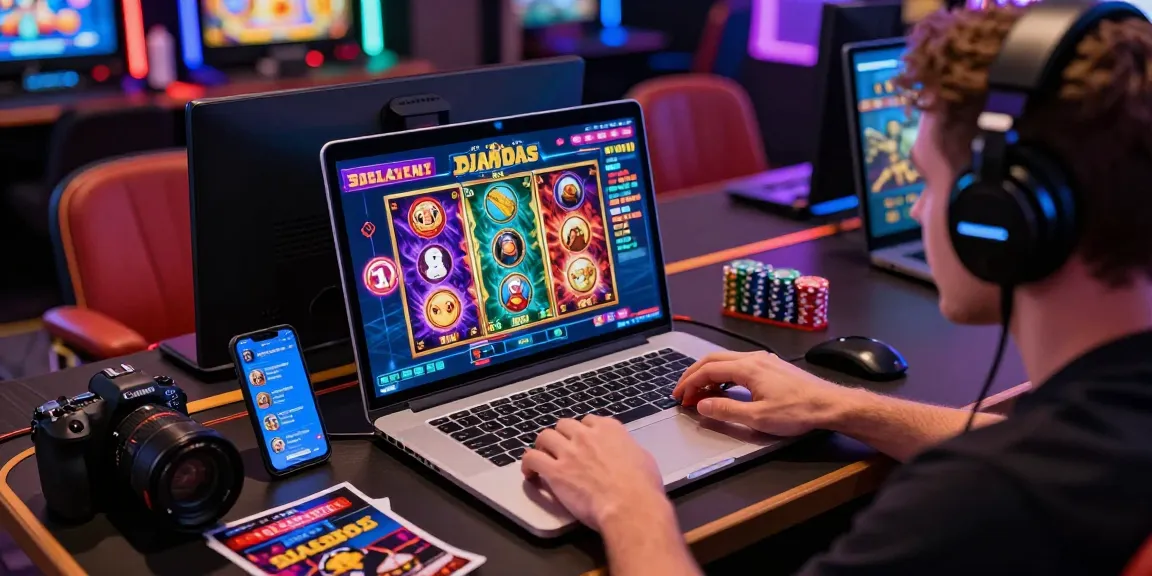 Exciting scene showcasing a user engaged in new online casinos UK gameplay with vibrant slot games, stylish gaming setup, and inviting atmosphere.