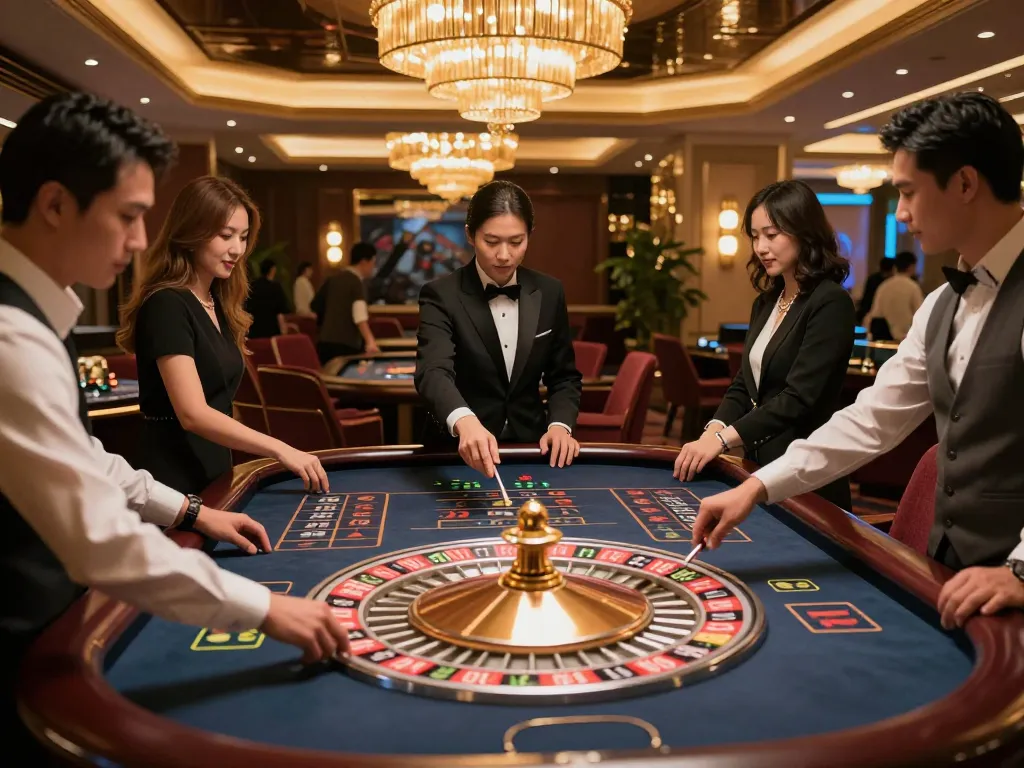Engaged players placing bets at the captivating roulette table in RR88 casino.