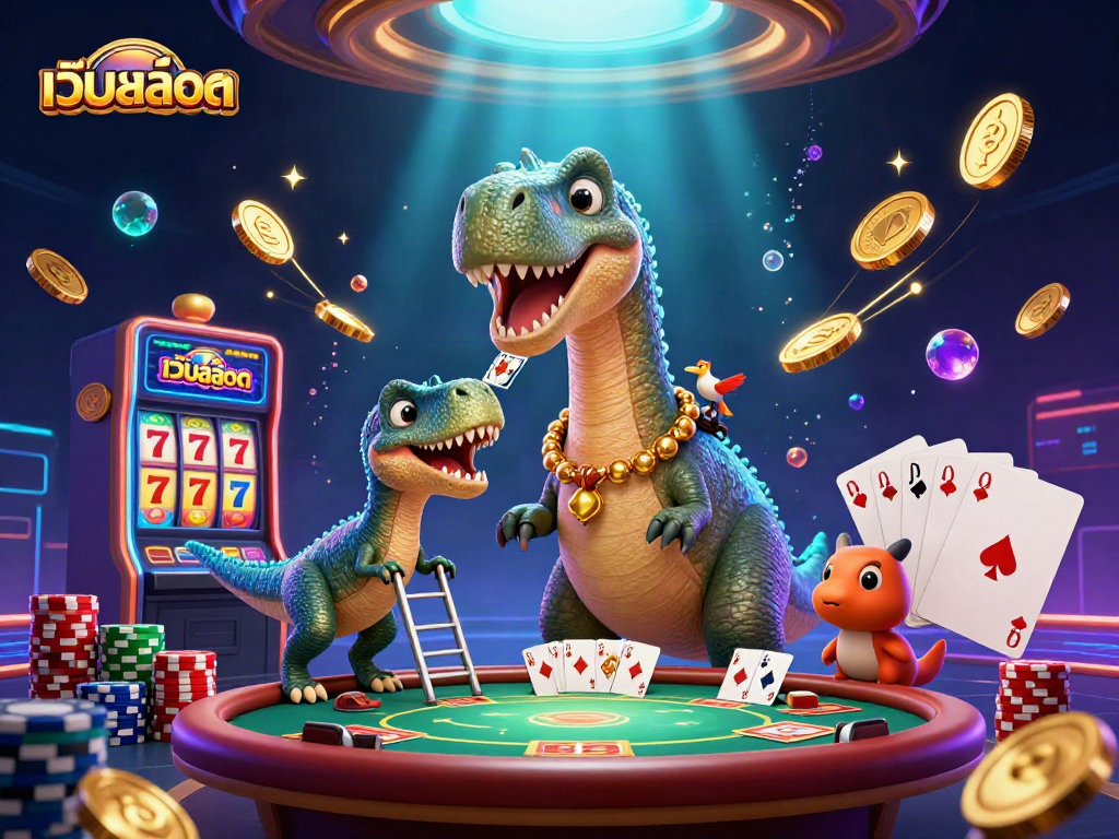 Experience the excitement of เว็บสล็อต with a giant dinosaur and dynamic casino scene.