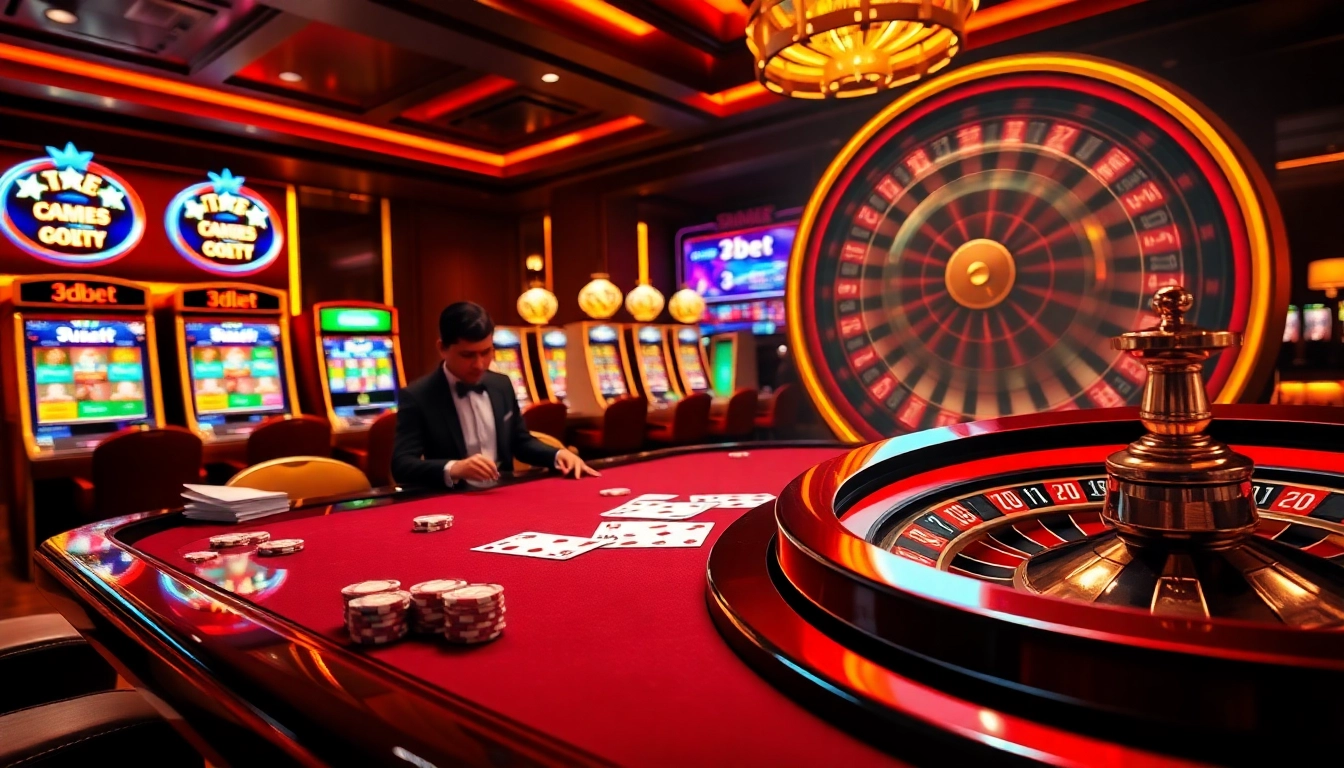 Experience thrilling gaming at 3Dbet with vibrant casino tables, cards, and slot machines.